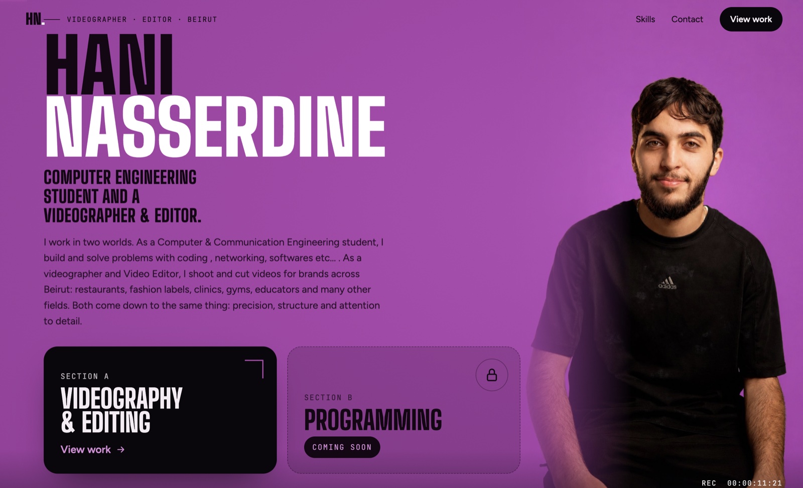 Hani Nasserdine’s purple portfolio homepage with bold typography and his portrait.
