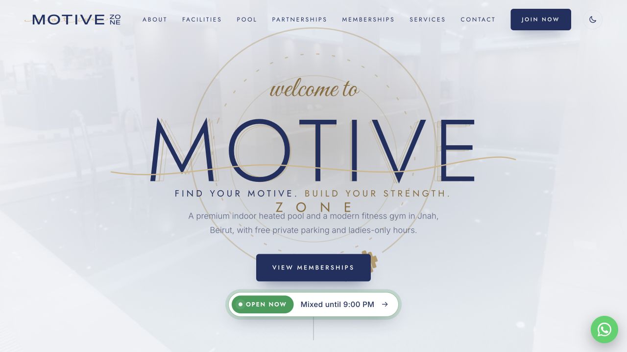 Motive Zone’s homepage with navy and gold branding, gym imagery, and membership information.